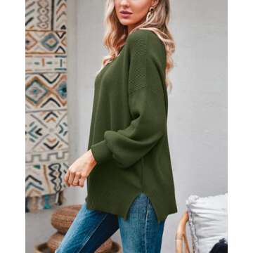 Imily Bela Womens Oversized Tunic Sweaters Fall Slouchy Long Sleeve Ribbed Knit Side Slit Pullover Jumper Tops Army Green