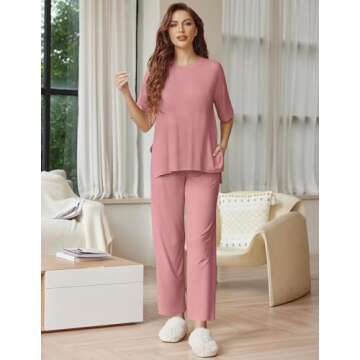 Ekouaer Women’s Short Sleeve Lounge Set - Soft Comfy Pajamas in Old Rose, M