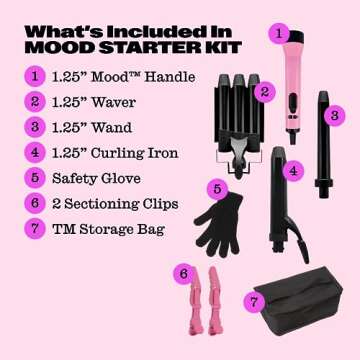 Trademark Beauty Interchangeable Iron Styling Kit - 3 in 1 Curling Iron, Hair Waver, and Curling Wand, Hair Styling Tool, 1.25 Inch Barrels, Mood - Pink/Black