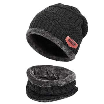 T WILKER 2Pcs Kids Winter Knitted Hats+Scarf Set Warm Fleece Lining Cap for 5-14 Year Old Boys Girls Black