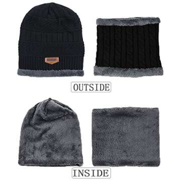 T WILKER 2Pcs Kids Winter Knitted Hats+Scarf Set Warm Fleece Lining Cap for 5-14 Year Old Boys Girls Black