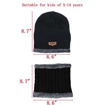 T WILKER 2Pcs Kids Winter Knitted Hats+Scarf Set Warm Fleece Lining Cap for 5-14 Year Old Boys Girls Black