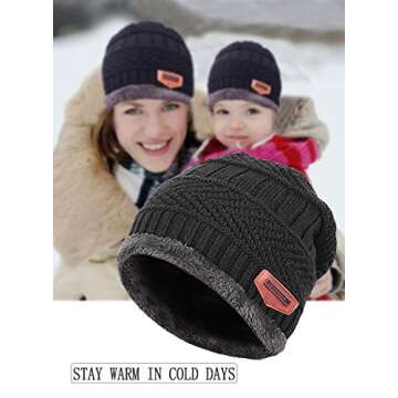 T WILKER 2Pcs Kids Winter Knitted Hats+Scarf Set Warm Fleece Lining Cap for 5-14 Year Old Boys Girls Black