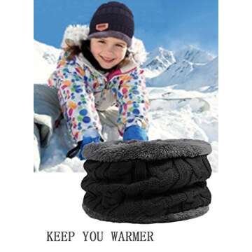 T WILKER 2Pcs Kids Winter Knitted Hats+Scarf Set Warm Fleece Lining Cap for 5-14 Year Old Boys Girls Black