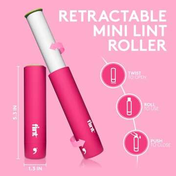 Flint Classic Pink Retractable Mini Lint Roller with 90 Extra Sticky Sheets, Small and Portable Lint Roller, Ideal Pet Hair Remover Lint Roller, Travel Lint Roller, and Lint Roller for Clothes