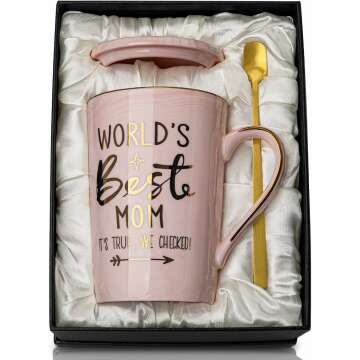 Mom Birthday Gifts for Mom - World's Best Mom - Mothers Presents for New Mom, 14oz Pink Marble Ceramic Coffee Cup with Lid Spoon Card, Nice Gift Boxed