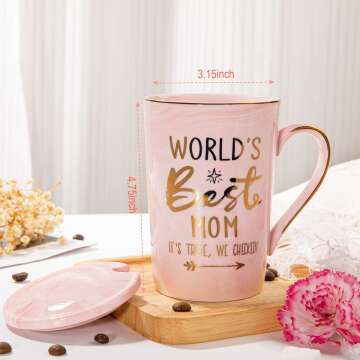 Mom Birthday Gifts for Mom - World's Best Mom - Mothers Presents for New Mom, 14oz Pink Marble Ceramic Coffee Cup with Lid Spoon Card, Nice Gift Boxed