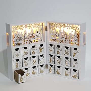 PIONEER-EFFORT Christmas Wooden Advent Calendar Book with LEDs White & Gold Christmas Reindeer Countdown Holiday Gifts with 24 Drawers Adults Kids Home Decoration (White&Gold,with light)