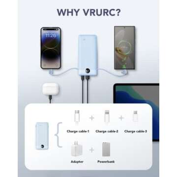 VRURC Portable Charger Built-in Cables and AC Wall Plug, USB C Power Bank 10000mAh, [2023 Upgraded Version] Phone Charger Compact Lightweight External Battery Pack for Smart Phones, Tablets etc-Blue