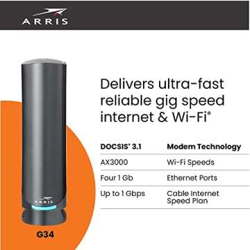 ARRIS DOCSIS 3.1 WiFi 6 Cable Modem & Router, 1Gbps Max Speeds, 4 Ports (Renewed)