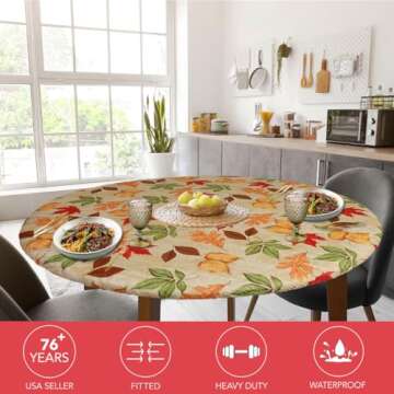 Covers For The Home Deluxe Elastic Edged Flannel Backed Vinyl Fitted Table Cover - All-Over Leaves Pattern - Small Round Oblong Oval - Fits Tables up to 40" - 44" Diameter