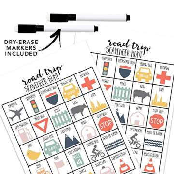 Craftivity Designs Road Trip Scavenger Hunt Games for Kids, Outdoor or Indoor, Birthday Party, Travel Activities, 10 Dry Erase Markers and Cards, Educational Family Game Night