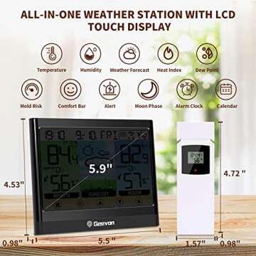 Geevon Weather Station Wireless Indoor Outdoor Thermometer Hygrometer with Dew Point, Heat Index, Touch LCD Display Digital Weather Thermometer with Alarm Clock and Adjustable Backlight