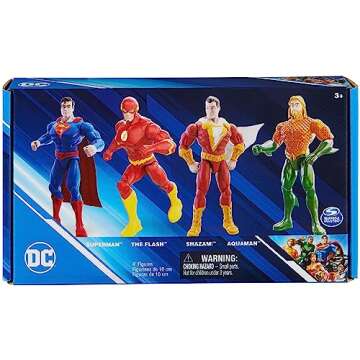 DC Comics, Action Figures 4-Pack, Superman, The Flash, Shazam!, Aquaman 4-inch Figures, Accessories, Superhero Kids Toys for Boys and Girls, Ages 3+