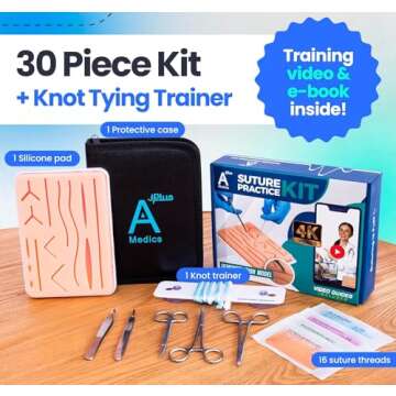 Complete Suture Practice Kit for Medical Students w/How-to Suture HD Video Course, Suture Training Manual & Carryall Case. All-in-One A Plus Medics kit incl. Suture Practice pad. (Education Use Only)