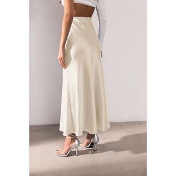 Amy Babe Women's Satin Silky High Waist Maxi Skirt Elegant Elastic Waistband A Line Long Skirts (Beige, Medium)