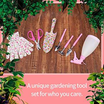 TINYFS Floral Garden Tool Set, 8 Pieces Gardening Gifts for Women with Trowel Pruner Shears Sprayer Succulent Hand Tools Gardener Gloves& Storage Bag, Pink