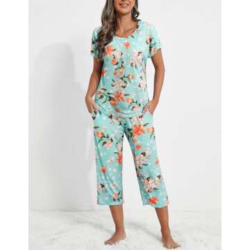 Ekouaer 2 Pack: Womens Pajamas Short Sleeve Sleepwear Tops and Capri Pants Pjs Print Pajama Sets with Pockets Blue Flowers Black L