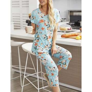 Ekouaer 2 Pack: Womens Pajamas Short Sleeve Sleepwear Tops and Capri Pants Pjs Print Pajama Sets with Pockets Blue Flowers Black L