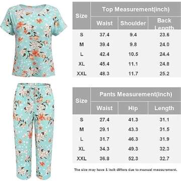 Ekouaer 2 Pack: Womens Pajamas Short Sleeve Sleepwear Tops and Capri Pants Pjs Print Pajama Sets with Pockets Blue Flowers Black L