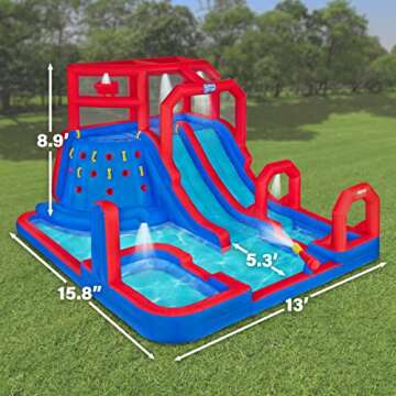 Sunny & Fun Mega Climb N’ Go Inflatable Water Slide Park – Heavy-Duty for Outdoor Fun - Climbing Wall, 2 Slides, Splash & Deep Pool – Easy to Set Up & Inflate with Included Air Pump & Carrying Case