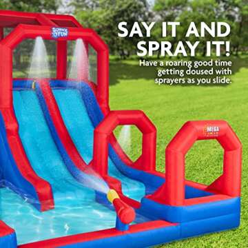 Sunny & Fun Mega Climb N’ Go Inflatable Water Slide Park – Heavy-Duty for Outdoor Fun - Climbing Wall, 2 Slides, Splash & Deep Pool – Easy to Set Up & Inflate with Included Air Pump & Carrying Case