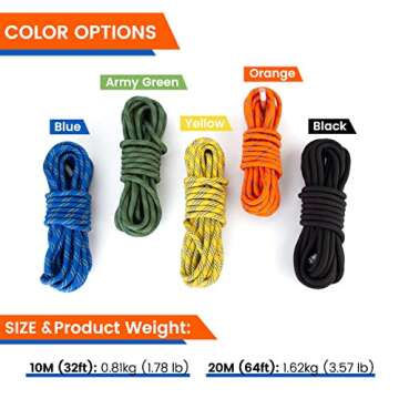 VOXLOVA Rock Climbing Rope, Outdoor Static Climbing Rope, 10mm High Strength Safety Rope, Hiking Tree Climbing Fire Escape Rappelling Rope, Fire Rescue Rope 10M(32ft)