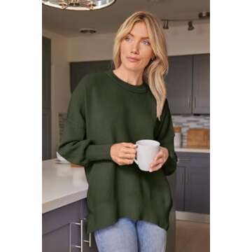 EFAN Women's Oversized Sweaters 2025 Fall Trendy Crewneck Batwing Sleeve Chunky Knit Long Pullover Cute Tunic Tops Dress Winter Clothes Cashmere Fashion Outfits Ladies Clothing Army Green M