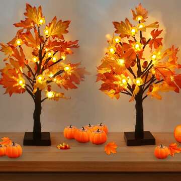 2 Pack LED Maple Trees with Pumpkins for Fall Decor