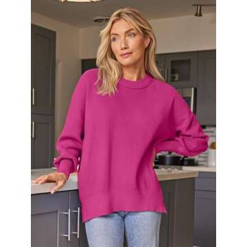 EFAN Women's Oversized Sweaters 2024 Fall Trendy Crewneck Batwing Sleeve Chunky Knit Long Pullover Cute Tunic Tops Dress Winter Clothes Cashmere Fashion Outfits Ladies Clothing Hot Pink M