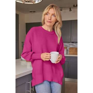 EFAN Women's Oversized Sweaters 2024 Fall Trendy Crewneck Batwing Sleeve Chunky Knit Long Pullover Cute Tunic Tops Dress Winter Clothes Cashmere Fashion Outfits Ladies Clothing Hot Pink M