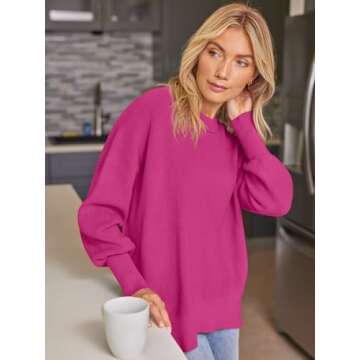 EFAN Women's Oversized Sweaters 2024 Fall Trendy Crewneck Batwing Sleeve Chunky Knit Long Pullover Cute Tunic Tops Dress Winter Clothes Cashmere Fashion Outfits Ladies Clothing Hot Pink M