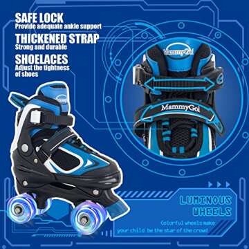 MammyGol Roller Skates for Boys Girls, 4 Sizes Adjustable Quad Skates for Kids with All Light up Wheels, Full Protection for Toddler's Indoor and Outdoor Play Blue Size 10C 11C 12C 13C