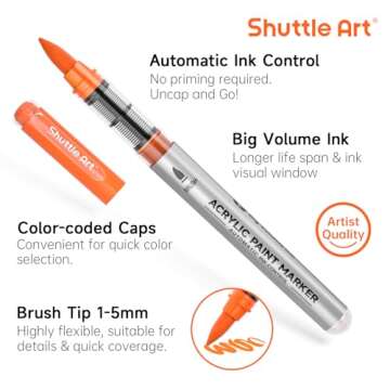 Shuttle Art Automatic Ink Control Acrylic Paint Markers, 48 Colors Brush Tip Acrylic Paint Pens for Rock Painting, Ceramic, Wood, Canvas, Glass, Stone, Fabric, Card Making, DIY & Art Supplies