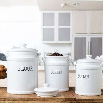 MosJos White Canisters – Premium Canister Sets for Kitchen Counter – Canisters Sets for the Kitchen for Flour, Sugar, Coffee - Ceramic Canisters with Handles and Rubber Gasquet Lids