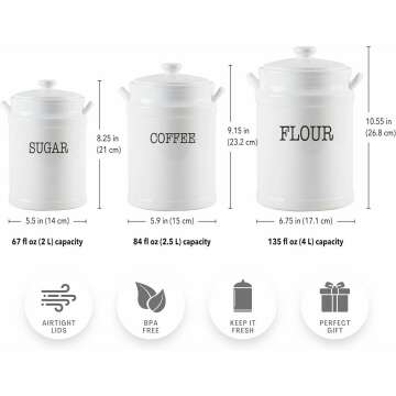 MosJos White Canisters – Premium Canister Sets for Kitchen Counter – Canisters Sets for the Kitchen for Flour, Sugar, Coffee - Ceramic Canisters with Handles and Rubber Gasquet Lids