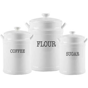 MosJos White Canisters – Premium Canister Sets for Kitchen Counter – Canisters Sets for the Kitchen for Flour, Sugar, Coffee - Ceramic Canisters with Handles and Rubber Gasquet Lids