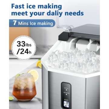 Joy Pebble Nugget Stainless Steel Ice Maker, 10,000pcs/33lbs/Day, Portable Handheld Nugget Ice Maker Machine with Handle, Ice Makers Countertop Self-Cleaning, Ice Scoop and Basket, Silver