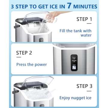 Joy Pebble Nugget Stainless Steel Ice Maker, 10,000pcs/33lbs/Day, Portable Handheld Nugget Ice Maker Machine with Handle, Ice Makers Countertop Self-Cleaning, Ice Scoop and Basket, Silver