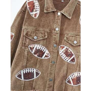 happlan Football Sequin Embroidery Rugby Cropped Frayed Hem Vintage Washed Corduroy Jacket Coat Shacket for Women(0459-Brown-S)