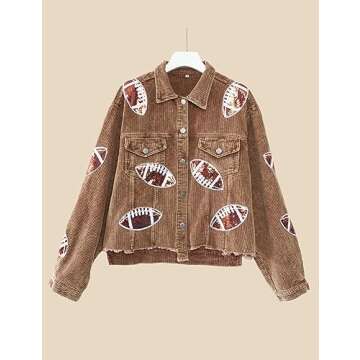 happlan Football Sequin Embroidery Rugby Cropped Frayed Hem Vintage Washed Corduroy Jacket Coat Shacket for Women(0459-Brown-S)