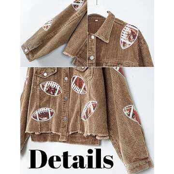 happlan Football Sequin Embroidery Rugby Cropped Frayed Hem Vintage Washed Corduroy Jacket Coat Shacket for Women(0459-Brown-S)