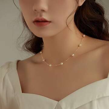 Trinckle Gold Pearl Necklace, Pearl Choker Necklace 15'' Pearl Necklaces for Women Dainty Gold Choker Beach Necklaces for Girls Adjustable Girls Bead Jewelry Bride Bridesmaid Wedding Birthday Gifts