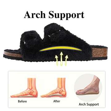 KIDMI Fuzzy Slippers Women with Cork Footbed Fluffy Slides Open Toe Indoor House Shoes | Arch Support | Adjustable Buckles, Black 5-6