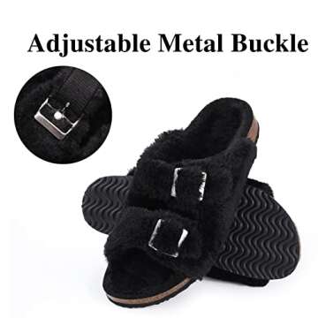 KIDMI Fuzzy Slippers Women with Cork Footbed Fluffy Slides Open Toe Indoor House Shoes | Arch Support | Adjustable Buckles, Black 5-6