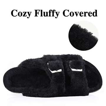 KIDMI Fuzzy Slippers Women with Cork Footbed Fluffy Slides Open Toe Indoor House Shoes | Arch Support | Adjustable Buckles, Black 5-6