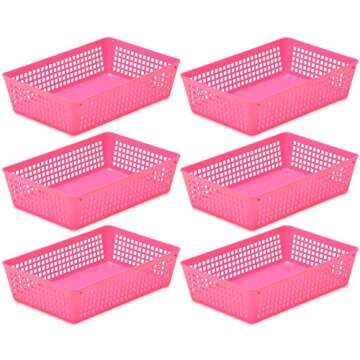 YBM Home 6-Pack Plastic Storage Baskets Bins for Home Junk Drawer, Shelves, and Office Organization, Functional Trays/Containers Great for Kitchen Pantry, Cabinets, Bedrooms, and Bathrooms, Pink