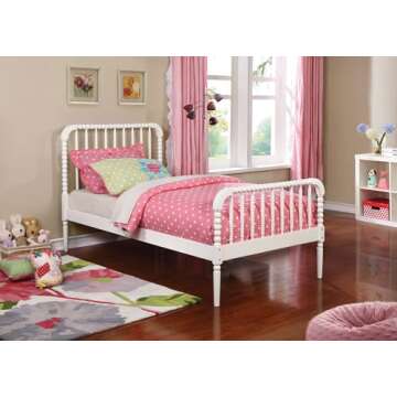 Coaster Home Furnishings Jones Country Farmhouse Wood Jenny Lind Bobbin Twin Size Open Frame Fully Slatted Platform Bed FrameWhite 400415T