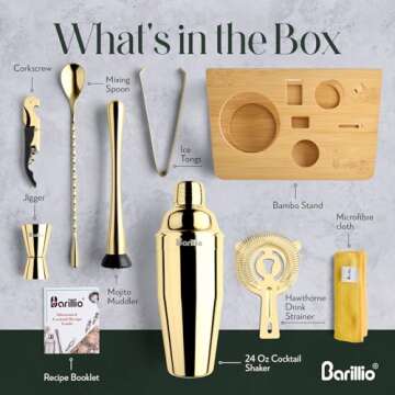 Barillio Gold Bartender Kit - Stainless-Steel Cocktail Shaker Set w/Bamboo Stand - Mixology Bar Tools w/Shaker, Drink Mixer Spoon & Muddler for Cocktails - Home Bar Accessories - 10-Pc Bar Set