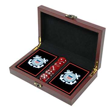 Military Gift Shop USCG Playing Cards with Dice – Wooden Keepsake Box Adorned with Metal USCG Medallion.- Coast Guard Card Set